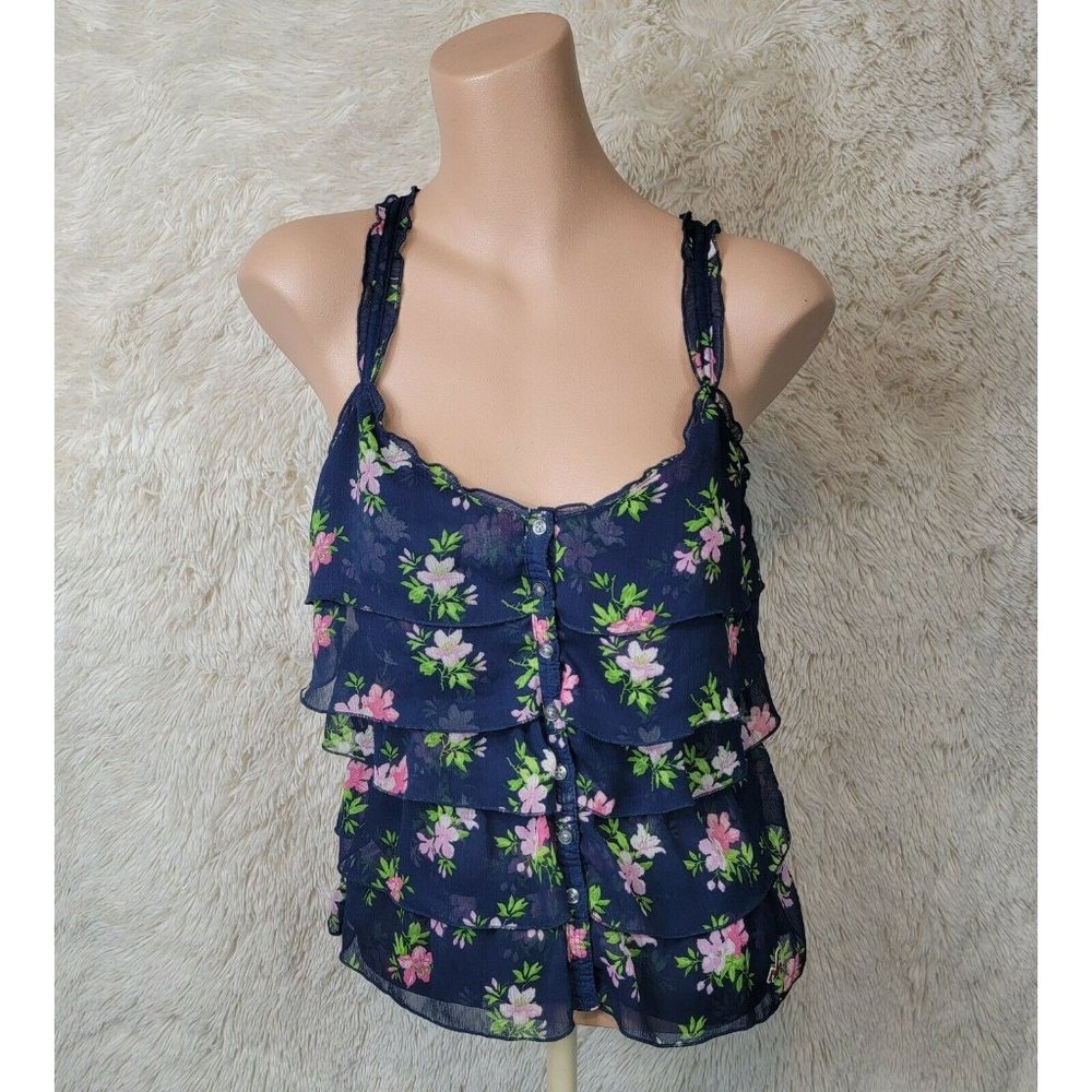 Hollister Junior's Sz XS Button Down Ruffle Top Layered Semi Shear Navy Floral G
